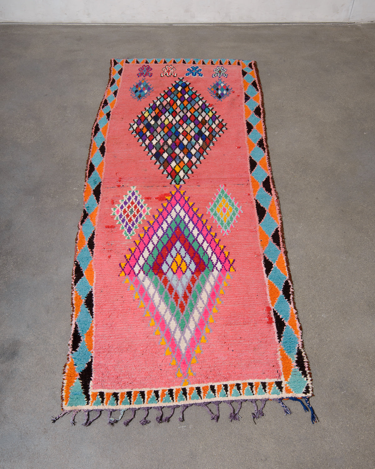 Modern, designer, handcrafted Berber runner rug from Morocco. Beniourain carpet with beautiful colours and patterns and fluffy wool texture.